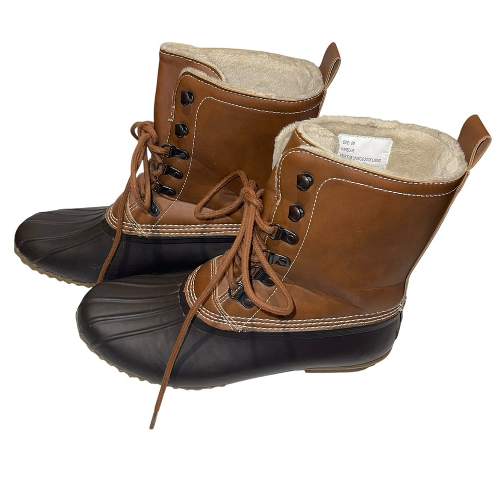 Esprit Women Harbour Brown Tan Duck Bill Rain Boots Winter Boots Faux Fur Sz 9M